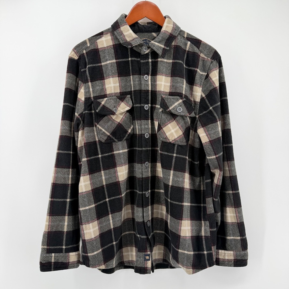 Freedom Foundry Men L Plaid Fleece Shirt Jacket Shacket Black Tan Button Up
